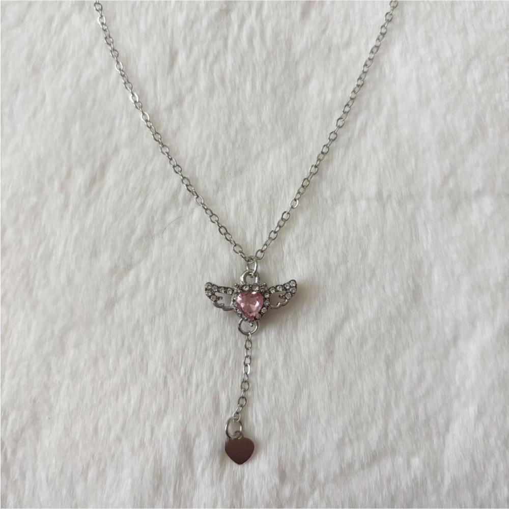 5/$15 🩷 MUST BUNDLE Silver Tone Pink Heart Wing Rhinestone Drop Necklace - Picture 4 of 7